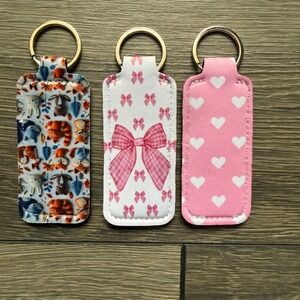 Set of 3 Neoprene Chapstick Holder Keychains Woodland Animals Bows Hearts Pink